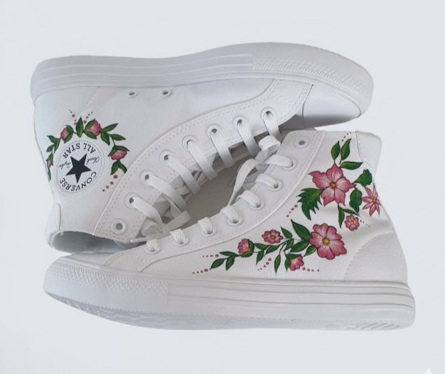 Custom Hand-Painted Floral Converse High-Tops – Pink Blossom Bridal