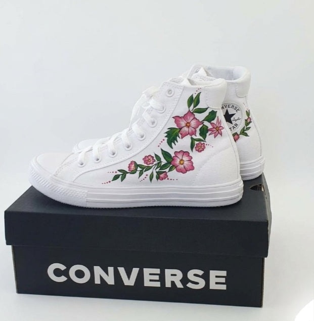 Custom Hand-Painted Floral Converse High-Tops – Pink Blossom Bridal