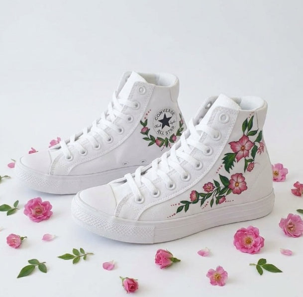 Custom Hand-Painted Floral Converse High-Tops – Pink Blossom Bridal