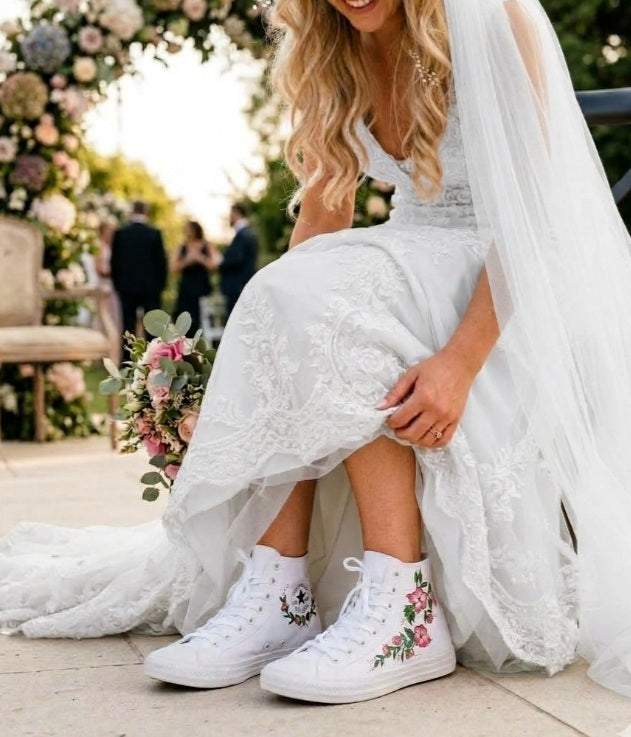 Custom Hand-Painted Floral Converse High-Tops – Pink Blossom Bridal