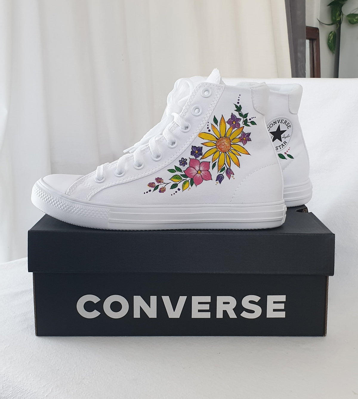 Hand-Painted Custom Floral Converse High-Tops – White All Stars