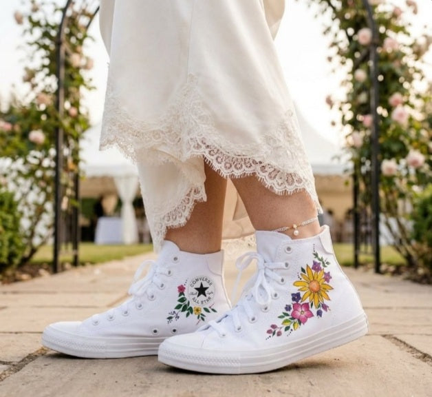 Hand-Painted Custom Floral Converse High-Tops – White All Stars