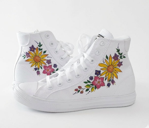 Hand-Painted Custom Floral Converse High-Tops – White All Stars