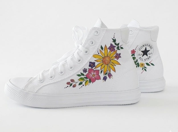 Hand-Painted Custom Floral Converse High-Tops – White All Stars