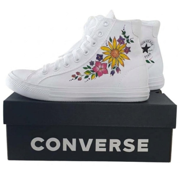 Hand-Painted Custom Floral Converse High-Tops – White All Stars