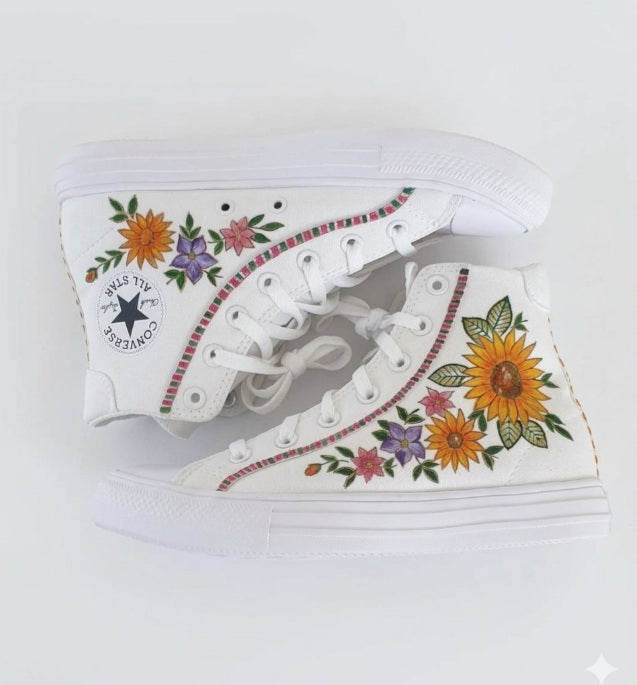 Custom Hand-Painted Floral High-Top Sneakers