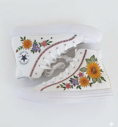 Custom Hand-Painted Floral High-Top Sneakers