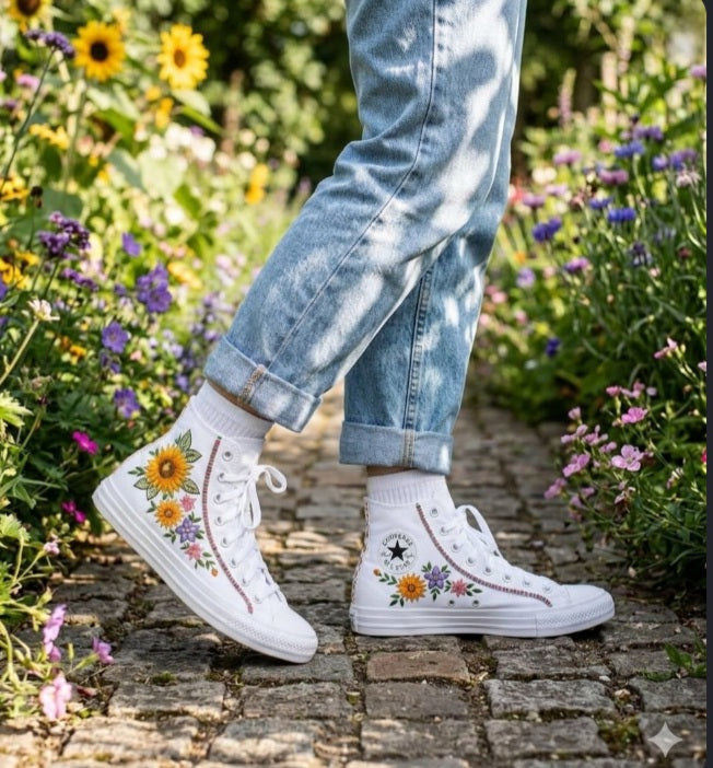 Custom Hand-Painted Floral High-Top Sneakers