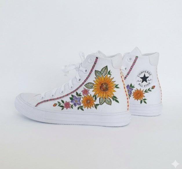 Custom Hand-Painted Floral High-Top Sneakers