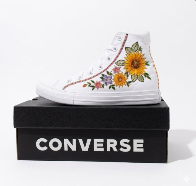 Custom Hand-Painted Floral High-Top Sneakers
